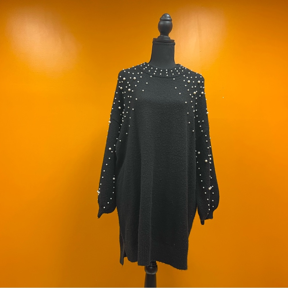 Black Sweater Dress with Pearl Embellishments
